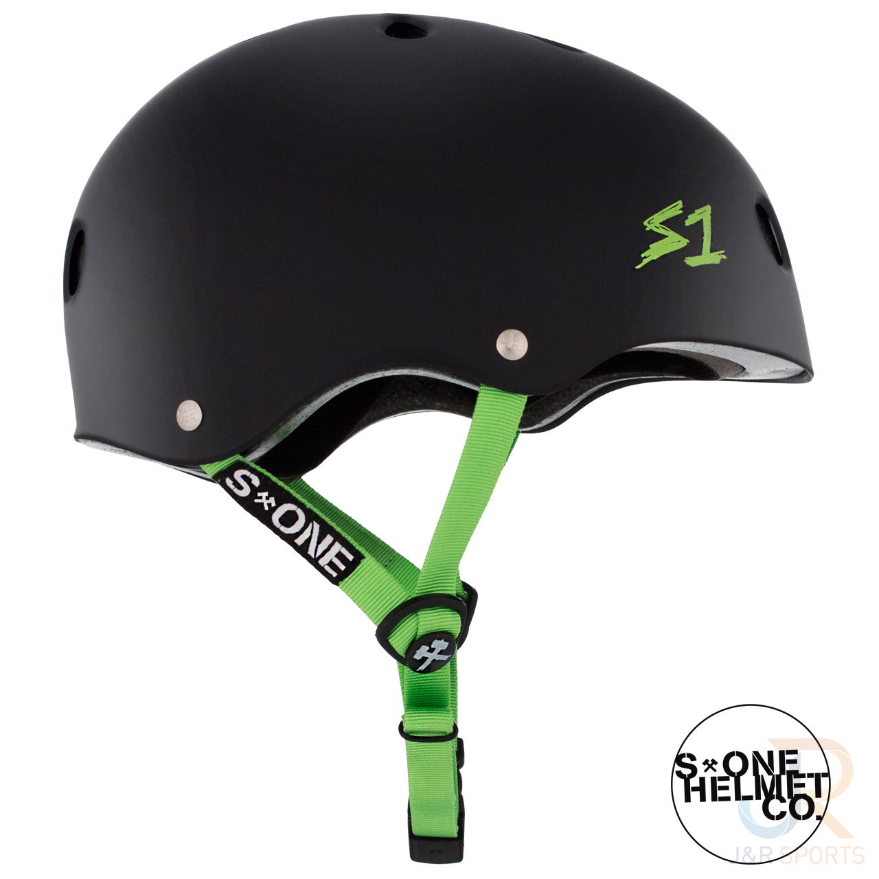 S1 LIFER Helmet - Matt Black inc Lime Strap - Side - SHLIMBKG