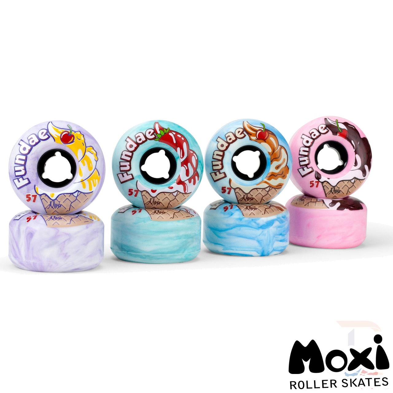 Moxi Fundae Wheels - ALL - Stack Angled inc Shadow - MOX123234