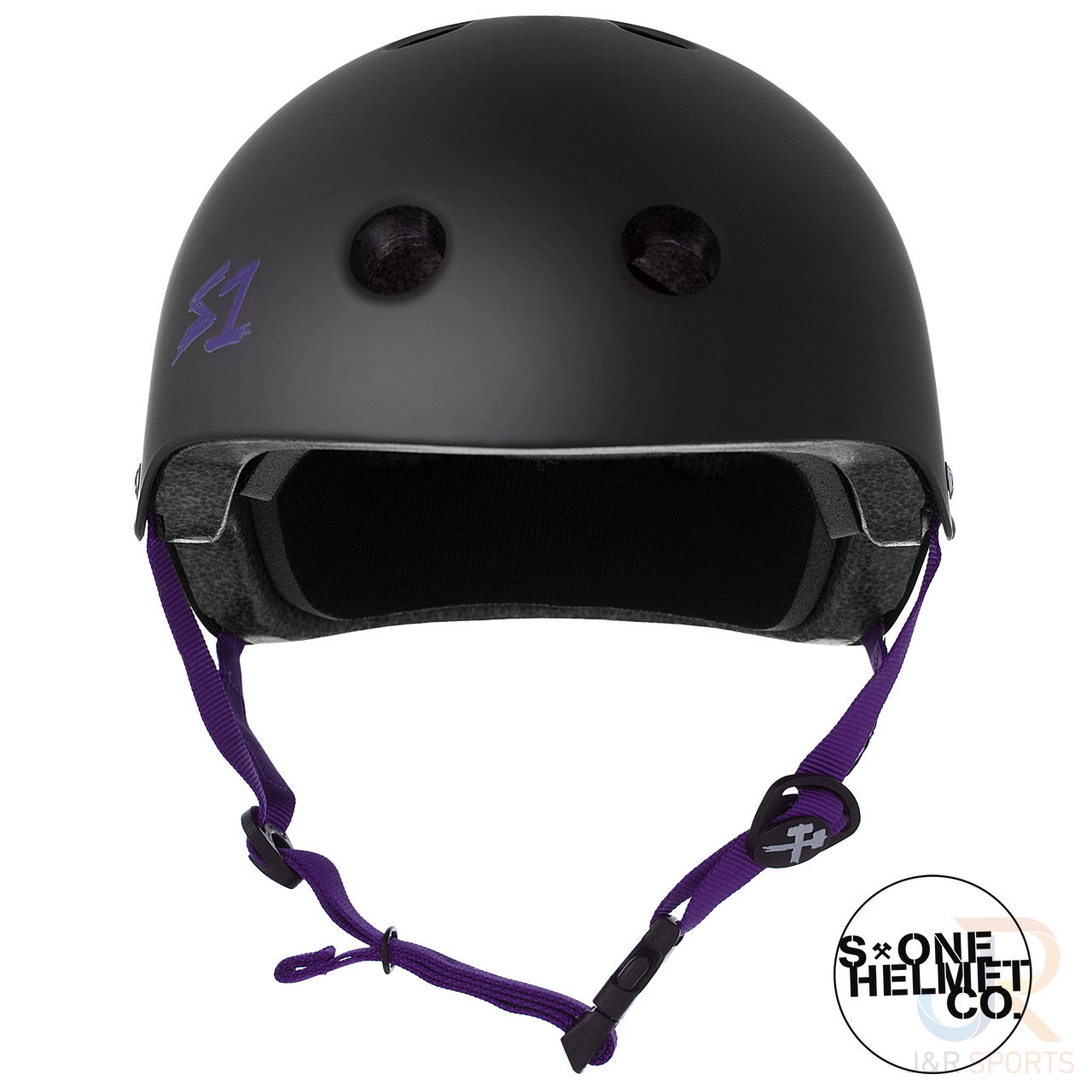 S1 LIFER Helmet - Matt Black inc Purple Strap - Front - SHLIMBKP