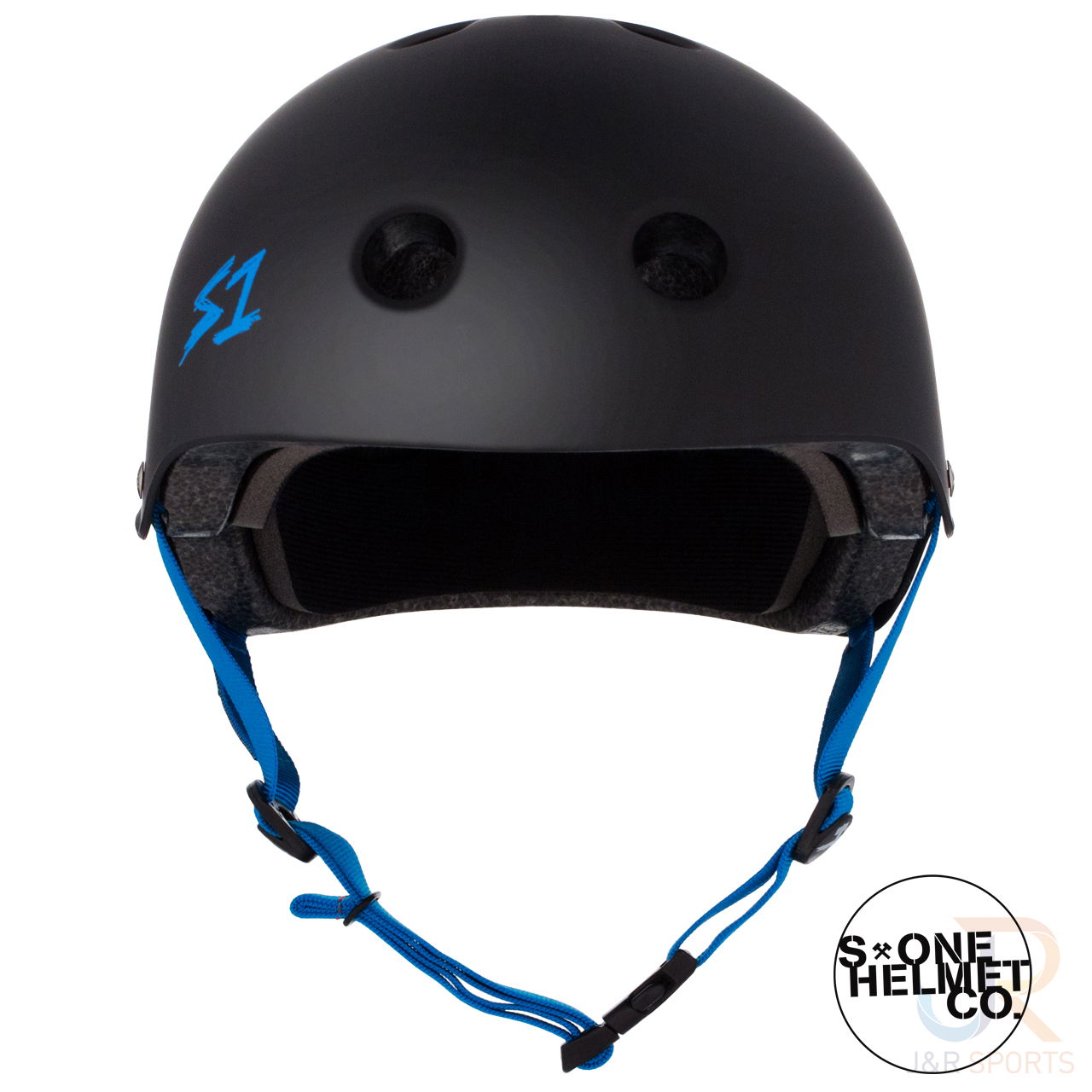 S1 LIFER Helmet - Matt Black inc Cyan Strap - Front - SHLIMBKC