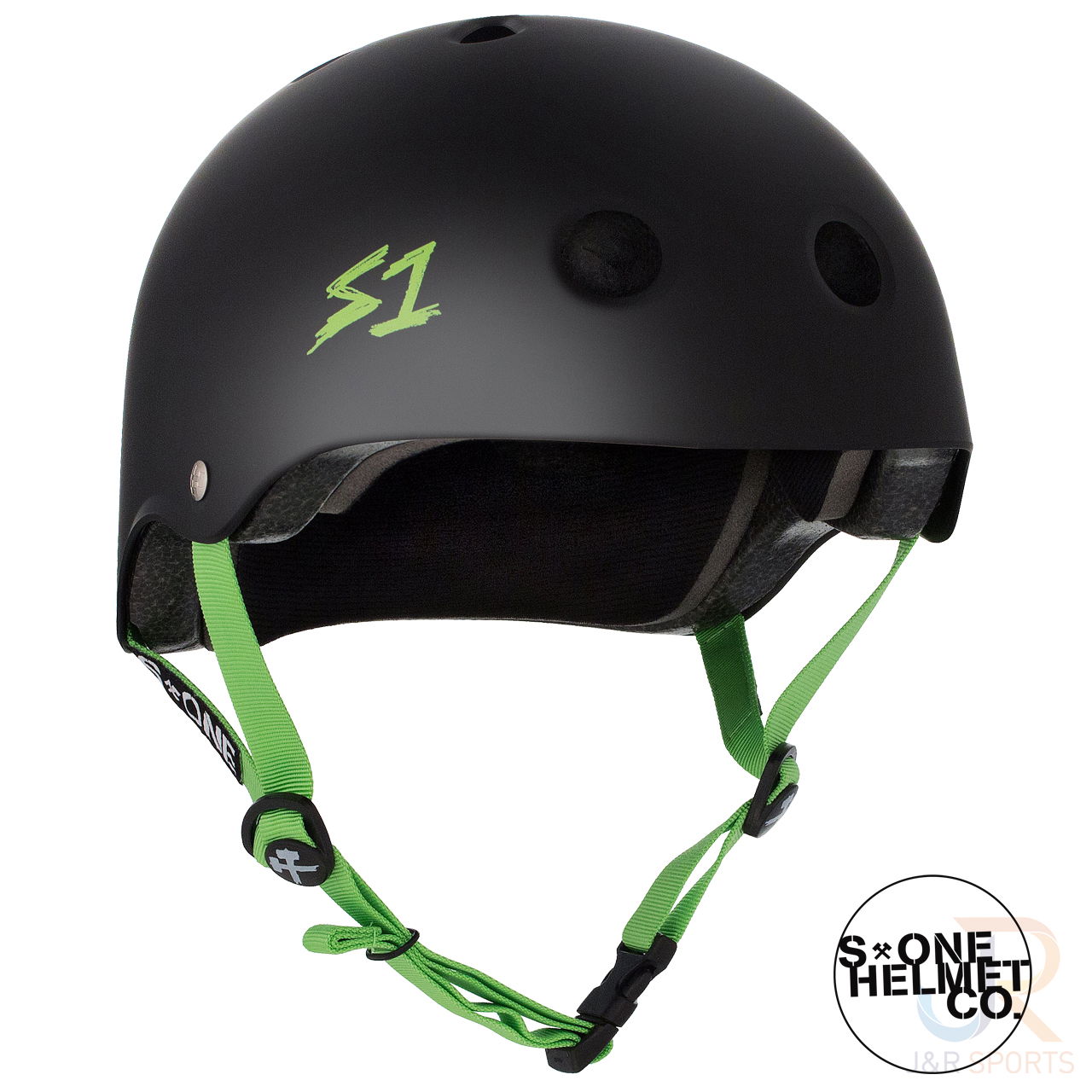 S1 LIFER Helmet - Matt Black inc Lime Strap - Angled - SHLIMBKG