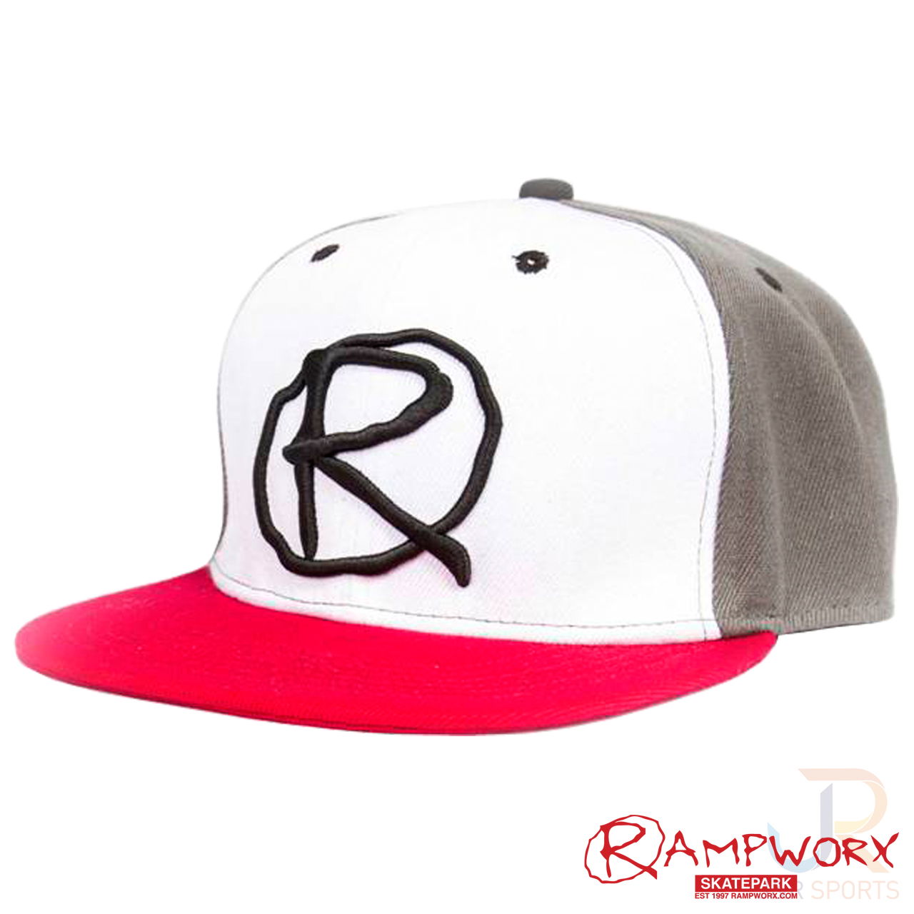 Rampworx SnapBacks LE97_10 - Grey White Red - Angled - RXSBRW43