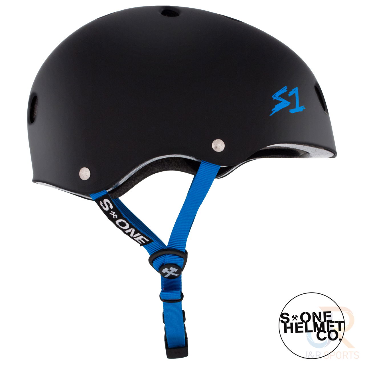 S1 LIFER Helmet - Matt Black inc Cyan Strap - Side View SHLIMBKC